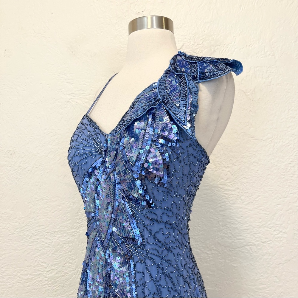 Vintage NiteLine Dress Blue Silk Chiffon Beaded Sequins 70s 80s Party XS S - Picture 8 of 11